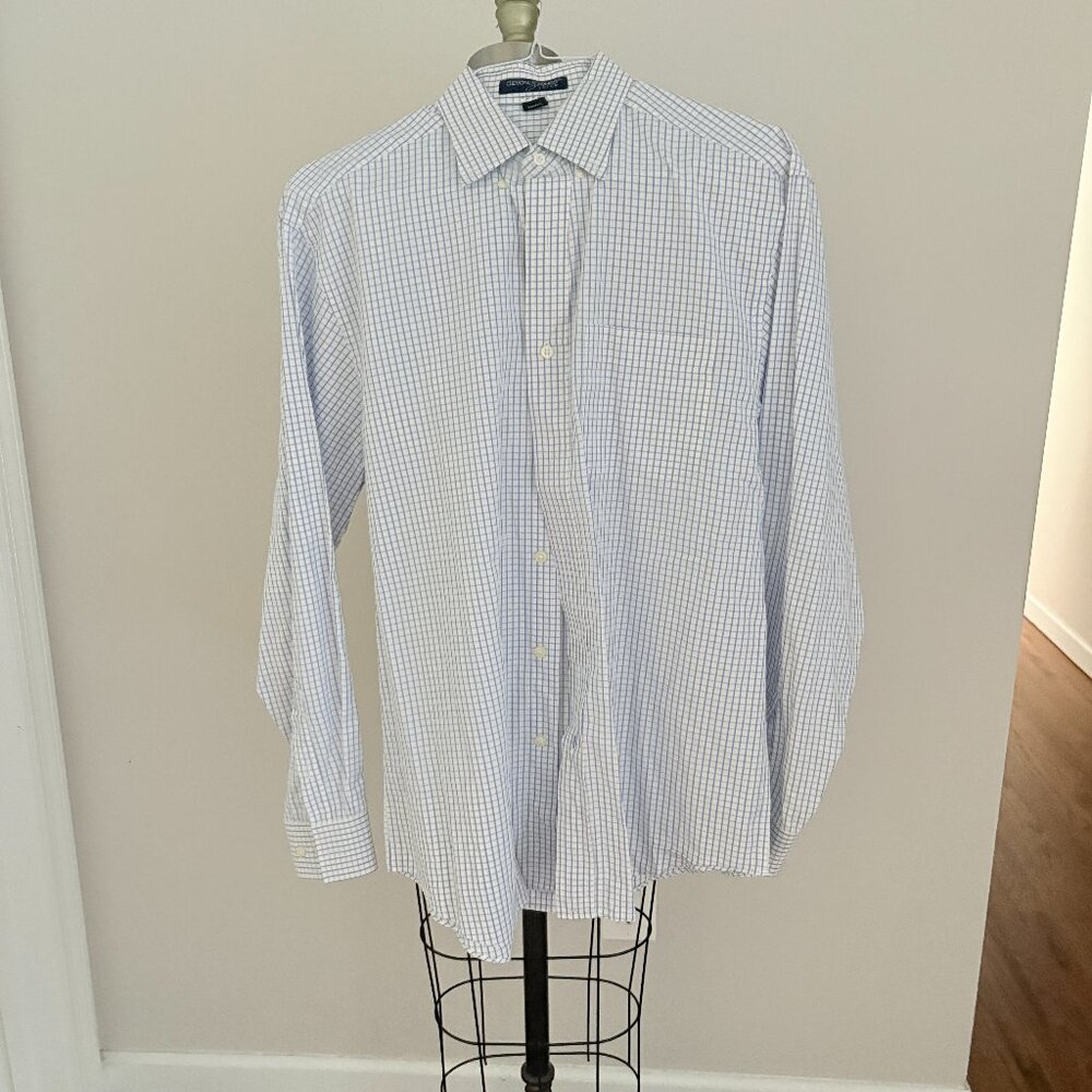 Devon & Jones Men's White/Blue Windowpane Shirt Cotton Button Down Preppy L